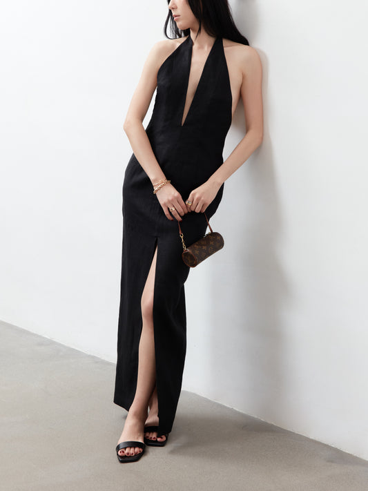 Galini Halter Neck Maxi Dress - Black