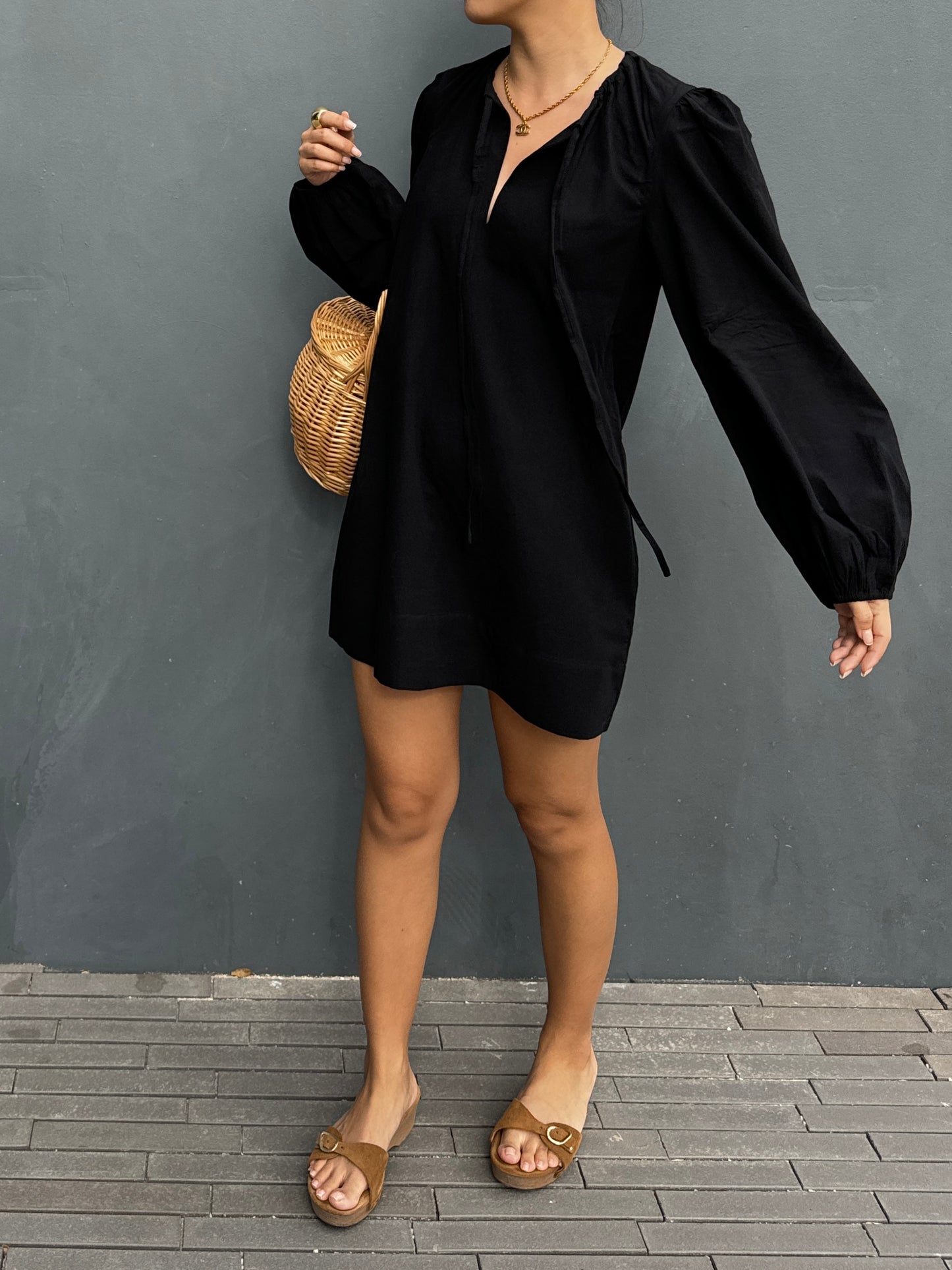 Marta Balloon Sleeve Mini Dress - Black